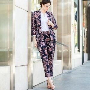 Ann Taylor 3-Piece Floral Suit with Pants and Skirt in Navy and Coral